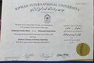 Bachelor of Science in Software Engineering degree from Riphah International University, conferred January 2024, with the serial and registration numbers redacted.